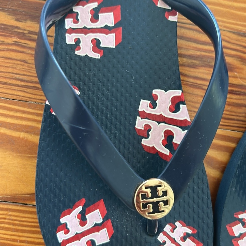 Tory Burch Black Flip Flops with Red Logo - Picture 2 of 6